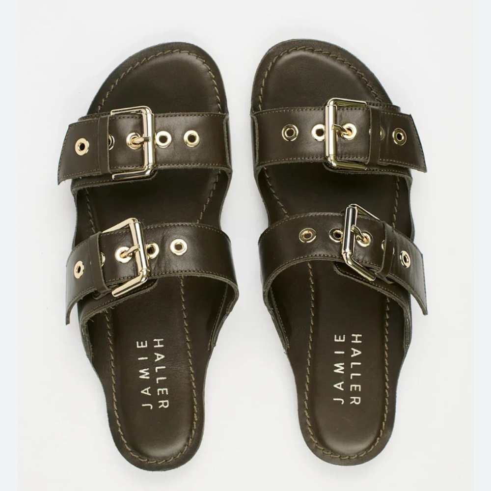 Jamie Haller Olive Double Buckle Slide Sz 38